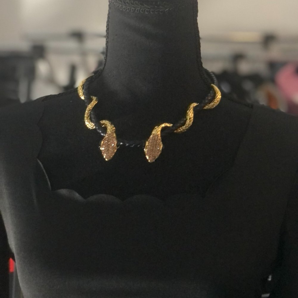 Gold & Black Rhinestone Snake Decor Necklace